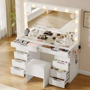 YITAHOME Makeup Vanity Desk with Large Mirror, 10-Drawer Vanity Set with Glass Tabletop & Charging Station, Dressing Table with Storage Chair & 3-Color Brightness Adjustable Lighting, Snow White