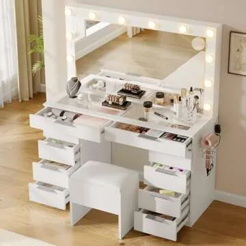 YITAHOME Makeup Vanity Desk with Large Mirror, 10-Drawer Vanity Set with Glass Tabletop & Charging Station, Dressing Table with Storage Chair & 3-Color Brightness Adjustable Lighting, Snow White