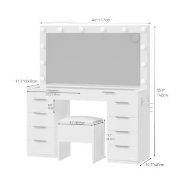YITAHOME Makeup Vanity Desk with Large Mirror, 10-Drawer Vanity Set with Glass Tabletop & Charging Station, Dressing Table with Storage Chair & 3-Color Brightness Adjustable Lighting, Snow White