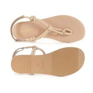 Rihero Flat Sandals for Women Rope Thong Dressy Nude Sandals Beach T Strap Leather Slip On Comfortable Flip Flops Size 7