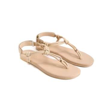 Rihero Flat Sandals for Women Rope Thong Dressy Nude Sandals Beach T Strap Leather Slip On Comfortable Flip Flops Size 7