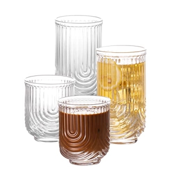 Cocktail Glasses with Ribbed Glassware Set of 4, Art Deco Ripple Vintage Glassware, 2 Highball Glass...