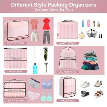 Ougrand 9 Set Packing Cubes Luggage Packing Organizers for Travel Accessories Space Saving Travel Bags for Carry On, Lightweight Mesh Zipper, Clothes, Shoes and Laundry Bag, Suitcases (Pink Streak)