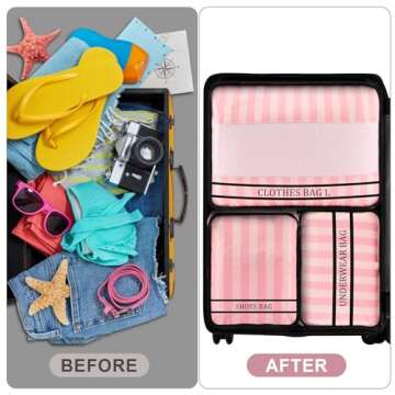 Ougrand 9 Set Packing Cubes Luggage Packing Organizers for Travel Accessories Space Saving Travel Bags for Carry On, Lightweight Mesh Zipper, Clothes, Shoes and Laundry Bag, Suitcases (Pink Streak)