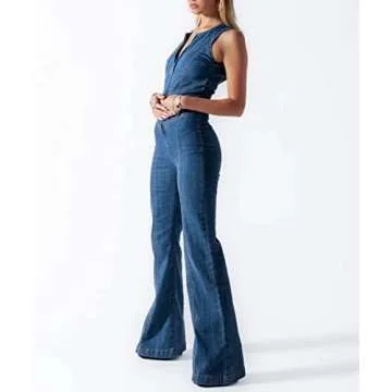 Glkaend Womens Sexy Slim Fit High Waist Denim Jumpsuit Sleeveless Zipper Backless Wide Leg Rompers,Blue,XXL