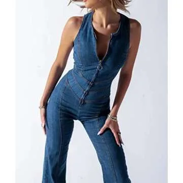 Glkaend Womens Sexy Slim Fit High Waist Denim Jumpsuit Sleeveless Zipper Backless Wide Leg Rompers,Blue,XXL