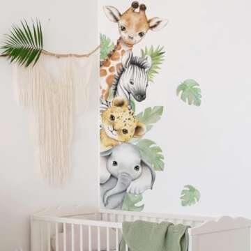 44.88 x 11.75 Inch Watercolor Jungle Animal Wall Decals Forest Animal Wall Sticker Safari Elephant Lion Monkey Wall Decals for Baby Nursery Playroom Bedroom Classroom Kindergarten Wall Decor