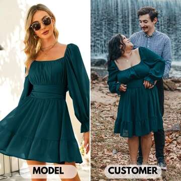 EXLURA Women's 2024 Casual Long Lantern Sleeve Dresses Square Neck Ruffle Tie Back Elastic Waist Aline Short Mini Dress Peacock Blue