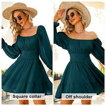 EXLURA Women's 2024 Casual Long Lantern Sleeve Dresses Square Neck Ruffle Tie Back Elastic Waist Aline Short Mini Dress Peacock Blue