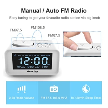 REACHER Dual Alarm Clock FM Radio USB Charging Adjustable Volume