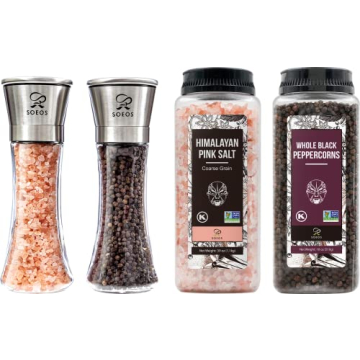 Soeos Black Peppercorns Himalayan Salt Set with Grinders