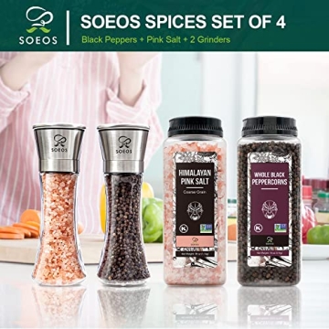 Soeos Black Peppercorns Himalayan Salt Set with Grinders