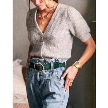 Bianstore Women's Puff Short Sleeve Sweater Cardigan Tops - Casual Ribbed Knit Style