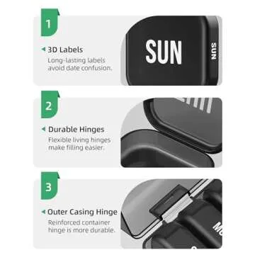 PULIV Daily Pill Organizer with 7 Large Separate Compartments, Portable Pill Box 7 Day for Pocket, Arthritis-Friendly Medication Organizer with Dual Protection for Big Vitamins, Fish Oils (Black)