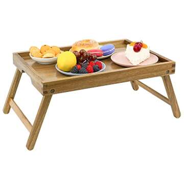 VaeFae Acacia Bed Table Tray, Wooden Breakfast Tray with Folding Legs, Bed Tray for Eating and Lapto...