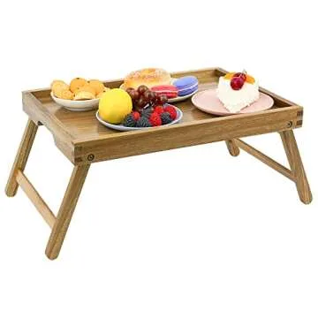 VaeFae Acacia Bed Table Tray, Wooden Breakfast Tray with Folding Legs, Bed Tray for Eating and Lapto...