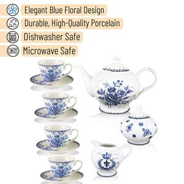 BTaT- Blue Dream Tea Set, Tea cups (8oz), Tea Pot (48oz), Creamer and Sugar Set, China Tea Set, Tea Service, Tea Cups and Saucer Set, Tea Set for Adults