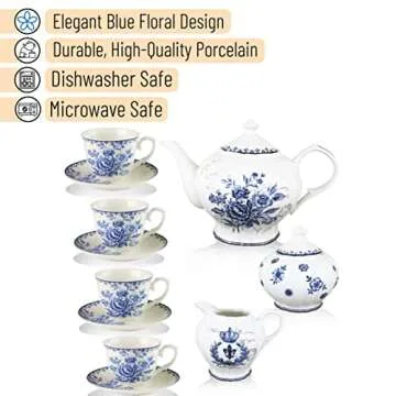 BTaT- Blue Dream Tea Set, Tea cups (8oz), Tea Pot (48oz), Creamer and Sugar Set, China Tea Set, Tea Service, Tea Cups and Saucer Set, Tea Set for Adults