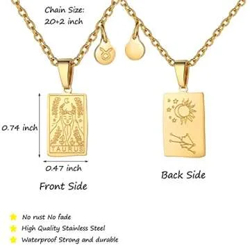 Zodiac Sign Necklace for Women Constellation Tarot Card Pendant Double Sided Gold Stainless Steel Waterproof NonTarnish Friendship Jewelry Gift（Taurus）