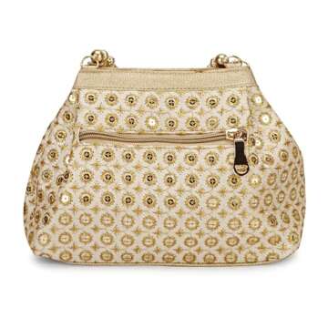 LONGING TO BUY Potli Bags for Women Embroidered Evening Purses with Gold Pearl Handle, Indian Women Potli Bags for Wedding (Golden -Bindi)
