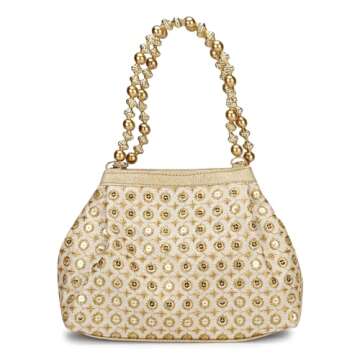 LONGING TO BUY Potli Bags for Women Embroidered Evening Purses with Gold Pearl Handle, Indian Women Potli Bags for Wedding (Golden -Bindi)