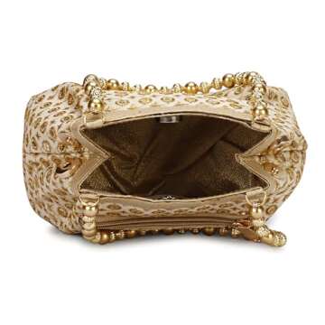 LONGING TO BUY Potli Bags for Women Embroidered Evening Purses with Gold Pearl Handle, Indian Women Potli Bags for Wedding (Golden -Bindi)