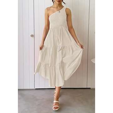 ZESICA Women's Bohemian Summer Floral Print One Shoulder Sleeveless Smocked Ruffle Tiered Beach Long...