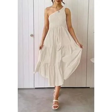 ZESICA Women's Bohemian Summer Floral Print One Shoulder Sleeveless Smocked Ruffle Tiered Beach Long...