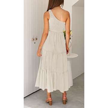 ZESICA Women's Bohemian Summer Floral Print One Shoulder Sleeveless Smocked Ruffle Tiered Beach Long Midi Dress,Beige,Medium