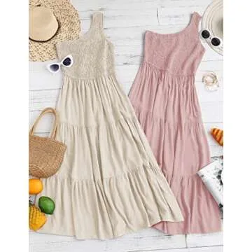 ZESICA Women's Bohemian Summer Floral Print One Shoulder Sleeveless Smocked Ruffle Tiered Beach Long Midi Dress,Beige,Medium