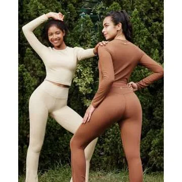 G4Free Long Sleeve Athletic Tops Women Gym Workout Active Tight Shirts Yoga Pilates Fall Slim Base Layer Cropped Casual (Khaki,M)