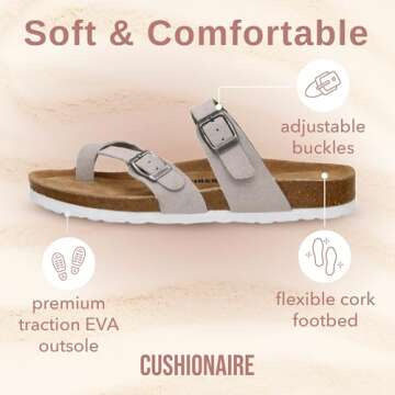 CUSHIONAIRE Luna Cork Footbed Women's Sandals - Comfortable Slip-On Slides with Adjustable Straps & Memory Foam for All-Day Wear | Beach Essential Summer Sandals for Women 2025, STONE 9