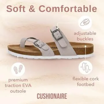 CUSHIONAIRE Luna Cork Footbed Women's Sandals - Comfortable Slip-On Slides with Adjustable Straps & Memory Foam for All-Day Wear | Beach Essential Summer Sandals for Women 2025, STONE 9