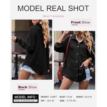 Dokotoo Black Button Up Tops for Women Long Sleeve Waffle Knit fall Jacket Loose Fit Boyfriends Pocket Outerwear winter coat Oversized Blouses fall outfits Small