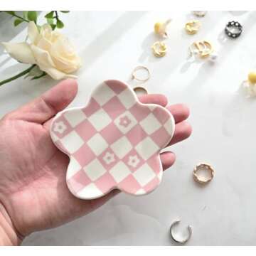 OVENKEI Room Decor Aesthetic Stuff for Teen Girls Gifts Trendy Stuff Pink Roon Decor Aesthetic Room Decor Bedroom Decor Aesthetic Checkered Jewelry Tray