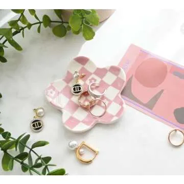 OVENKEI Room Decor Aesthetic Stuff for Teen Girls Gifts Trendy Stuff Pink Roon Decor Aesthetic Room Decor Bedroom Decor Aesthetic Checkered Jewelry Tray