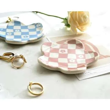 OVENKEI Room Decor Aesthetic Stuff for Teen Girls Gifts Trendy Stuff Pink Roon Decor Aesthetic Room Decor Bedroom Decor Aesthetic Checkered Jewelry Tray