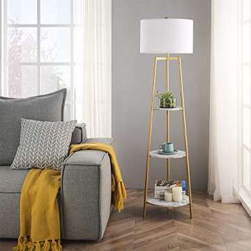 ROSEN GARDEN Floor Lamp, Standing Reading Light with Faux Marble Shelves and Fabric Shade, Modern Ta...