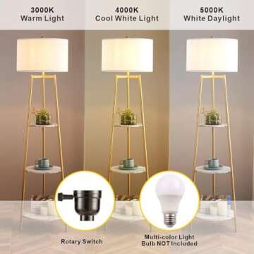 ROSEN GARDEN Floor Lamp, Standing Reading Light with Faux Marble Shelves and Fabric Shade, Modern Tall Pole, Accent Furniture Décor Lighting for Living Room, Bedrooms
