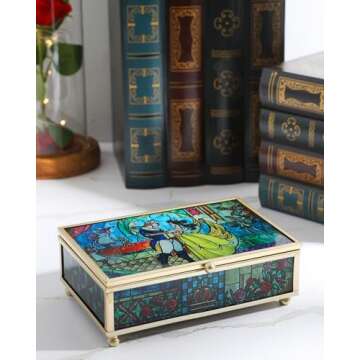 Disney Princess Beauty and the Beast Jewelry Box - Glass Jewelry Case with Stained Glass Belle and the Prince