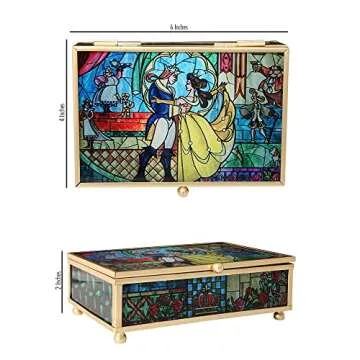 Disney Princess Beauty and the Beast Jewelry Box - Glass Jewelry Case with Stained Glass Belle and the Prince