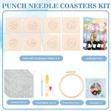 Scettar Punch Needle Embroidery Kit - 8 Pcs DIY Coasters Craft Set