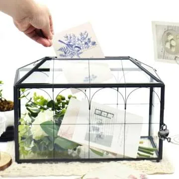 LargeBlack and Glass Card Box for wedding with Lock and Slot - Wedding Envelope Card Holder for Rece...