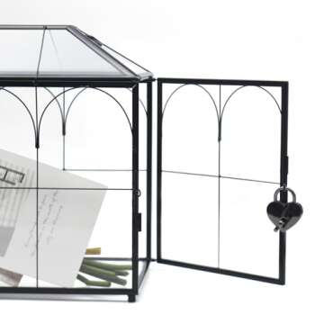 LargeBlack and Glass Card Box for wedding with Lock and Slot - Wedding Envelope Card Holder for Reception Clear Lock Box with Key Geometric Handmade Vintage Card Box for Wedding Party (Large-Black)