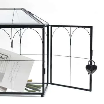 LargeBlack and Glass Card Box for wedding with Lock and Slot - Wedding Envelope Card Holder for Reception Clear Lock Box with Key Geometric Handmade Vintage Card Box for Wedding Party (Large-Black)