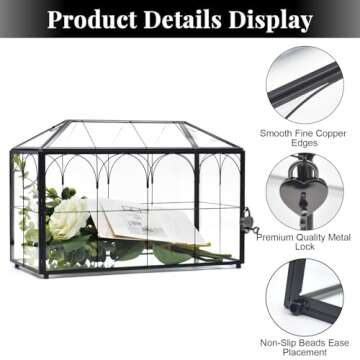 LargeBlack and Glass Card Box for wedding with Lock and Slot - Wedding Envelope Card Holder for Reception Clear Lock Box with Key Geometric Handmade Vintage Card Box for Wedding Party (Large-Black)