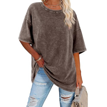 Imily Bela Women’s Oversized Vintage Cotton Tees - Summer Tunic Top in Yellowish Brown