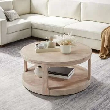 KEVINSPACE Round Coffee Table 40" Circle Coffee Table for Living Room 2-Tier Solid Wood Desktop Center Table Modern Design Accent Center Table Home Furniture for Bedroom, Home Office Oak