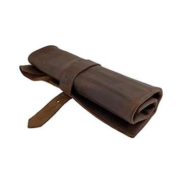 Hide & Drink, Large Tool Roll Up Bag (6 slots), Portable Carry-On Pouch, Workshop Storage, Woodworking Tools Organizer, Full Grain Leather, Handmade, Bourbon Brown