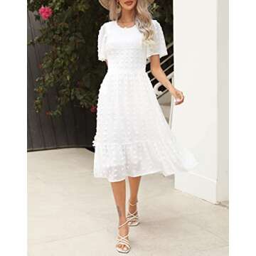 Women Round Neck Flutter Short Sleeve Casual Spring White Midi Dress Short Sleeve Smocked Beach Wedd...